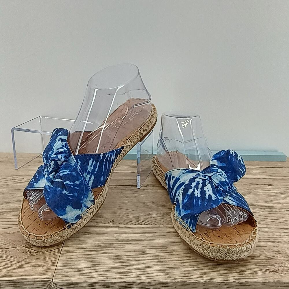 Nine West Women's 8.5 Blue Tie Dye Denim Espadrille Bow Slide Sandals Summer Fla